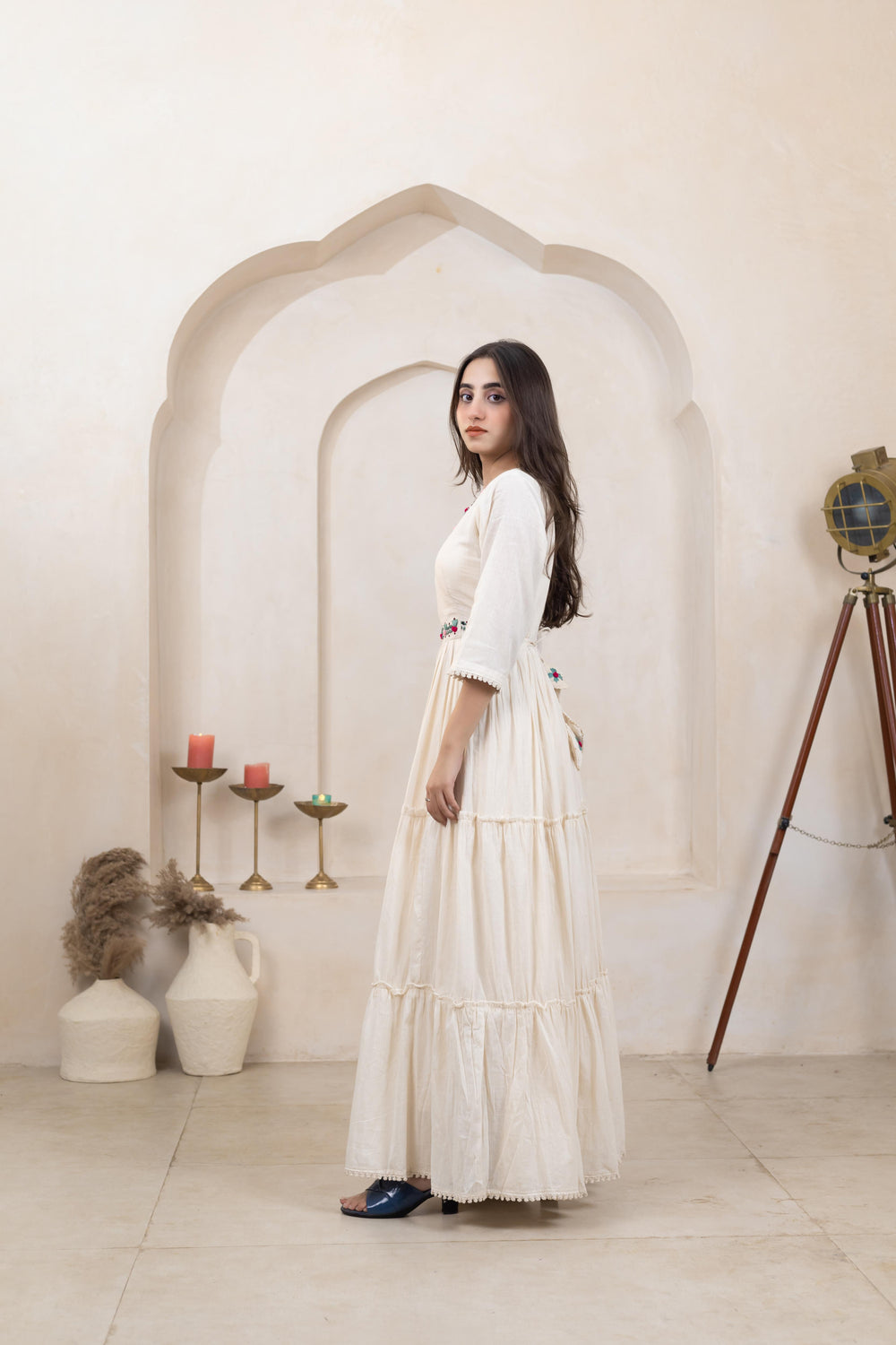 Beige Beauty Khadi Cotton Long Dress - Artyaah