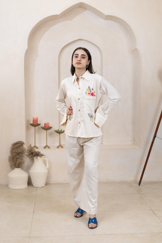 Hand Embroidered Beige Shirt - Artyaah