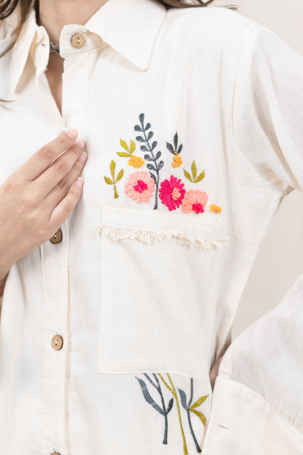 Hand Embroidered Beige Shirt - Artyaah