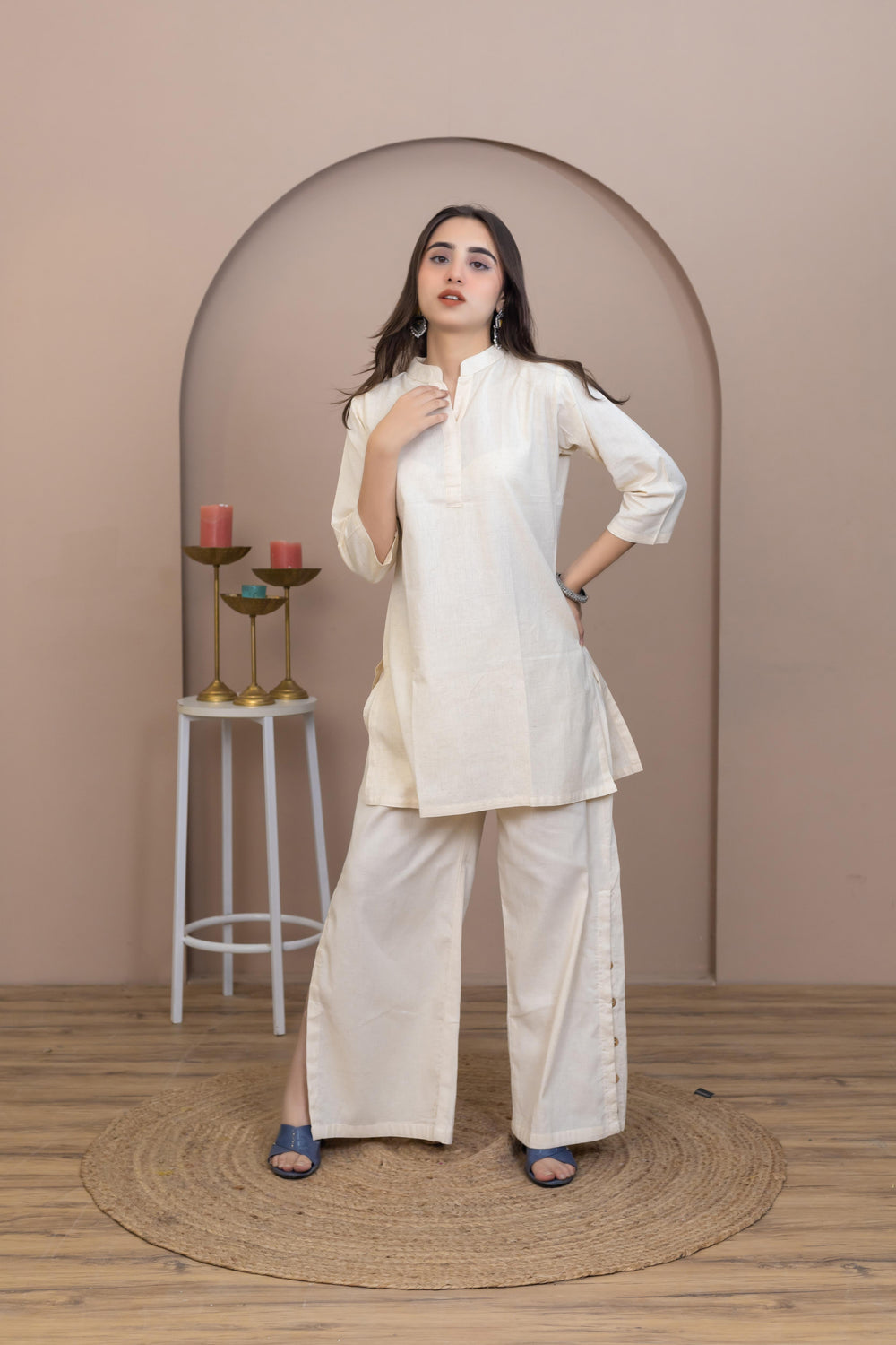 Hand Embroidered Beige Kurti - Artyaah