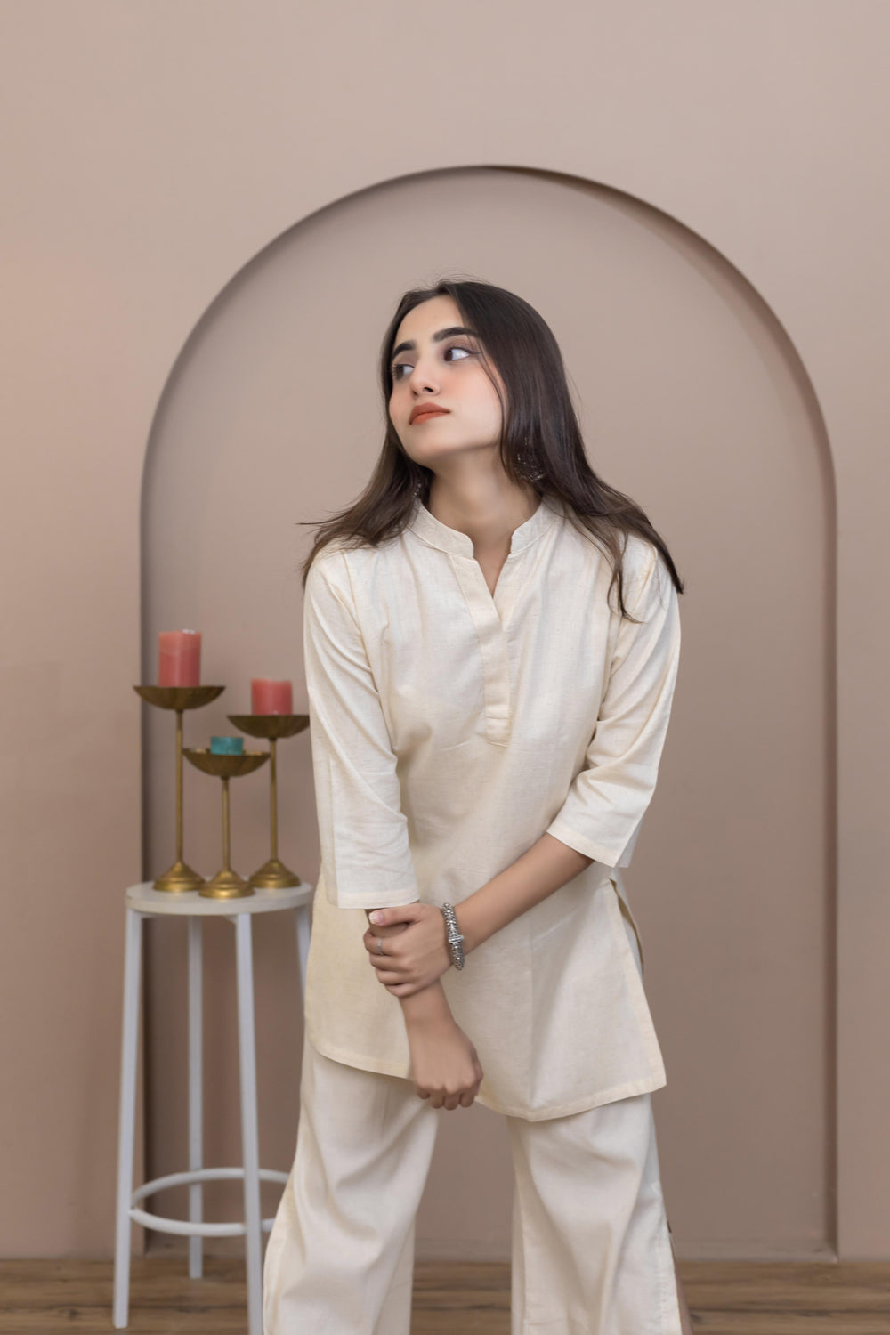 Hand Embroidered Beige Kurti - Artyaah