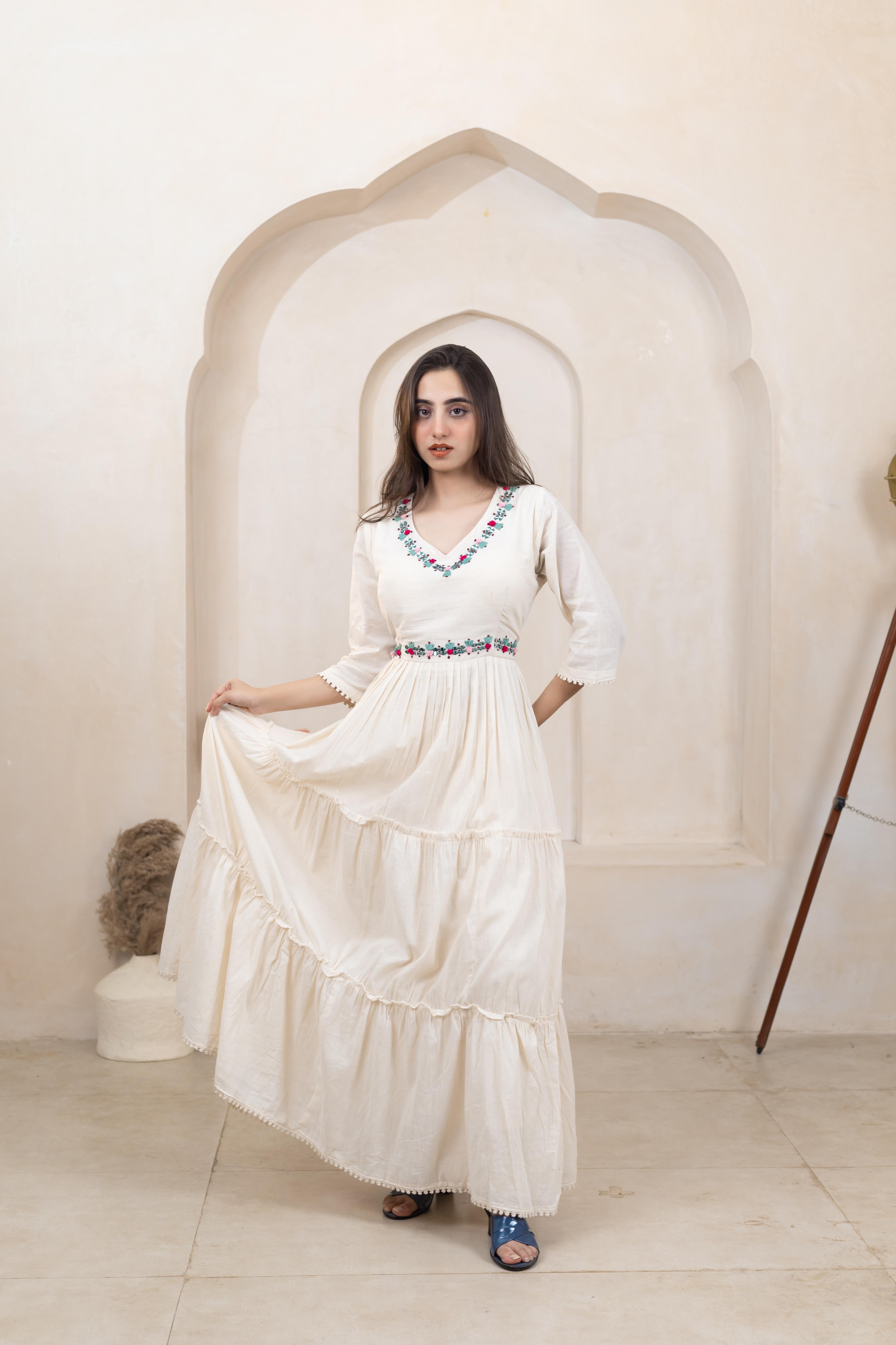 Beige Beauty Khadi Cotton Long Dress - Artyaah