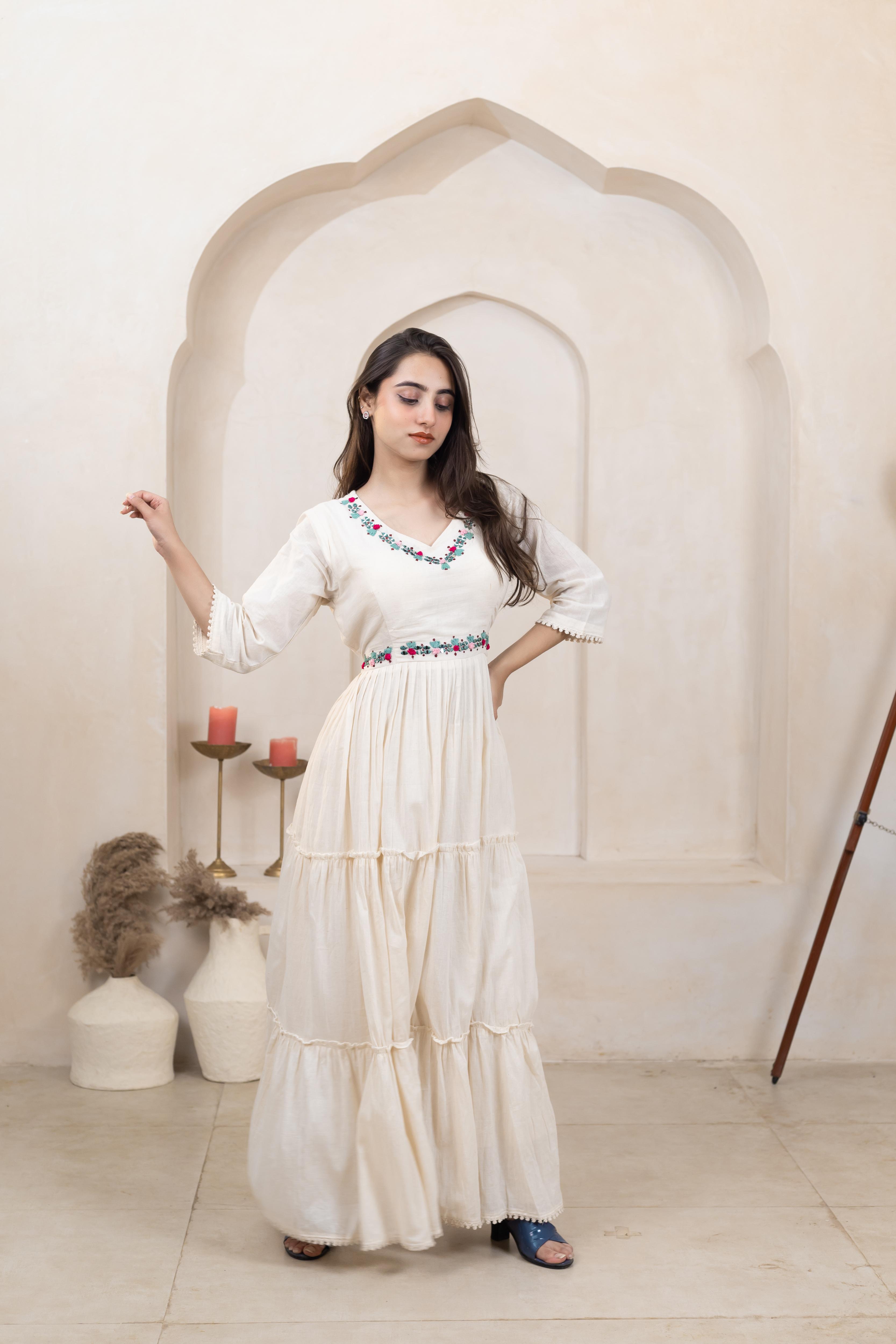 Beige Beauty Khadi Cotton Long Dress - Artyaah