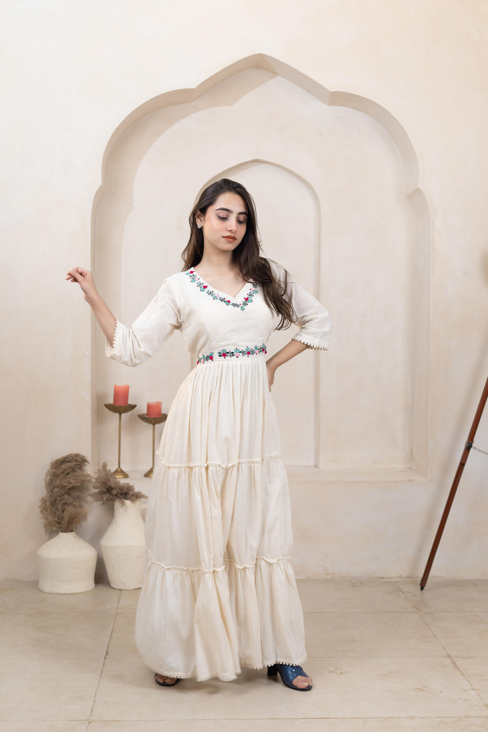 Beige Beauty Khadi Cotton Long Dress - Artyaah