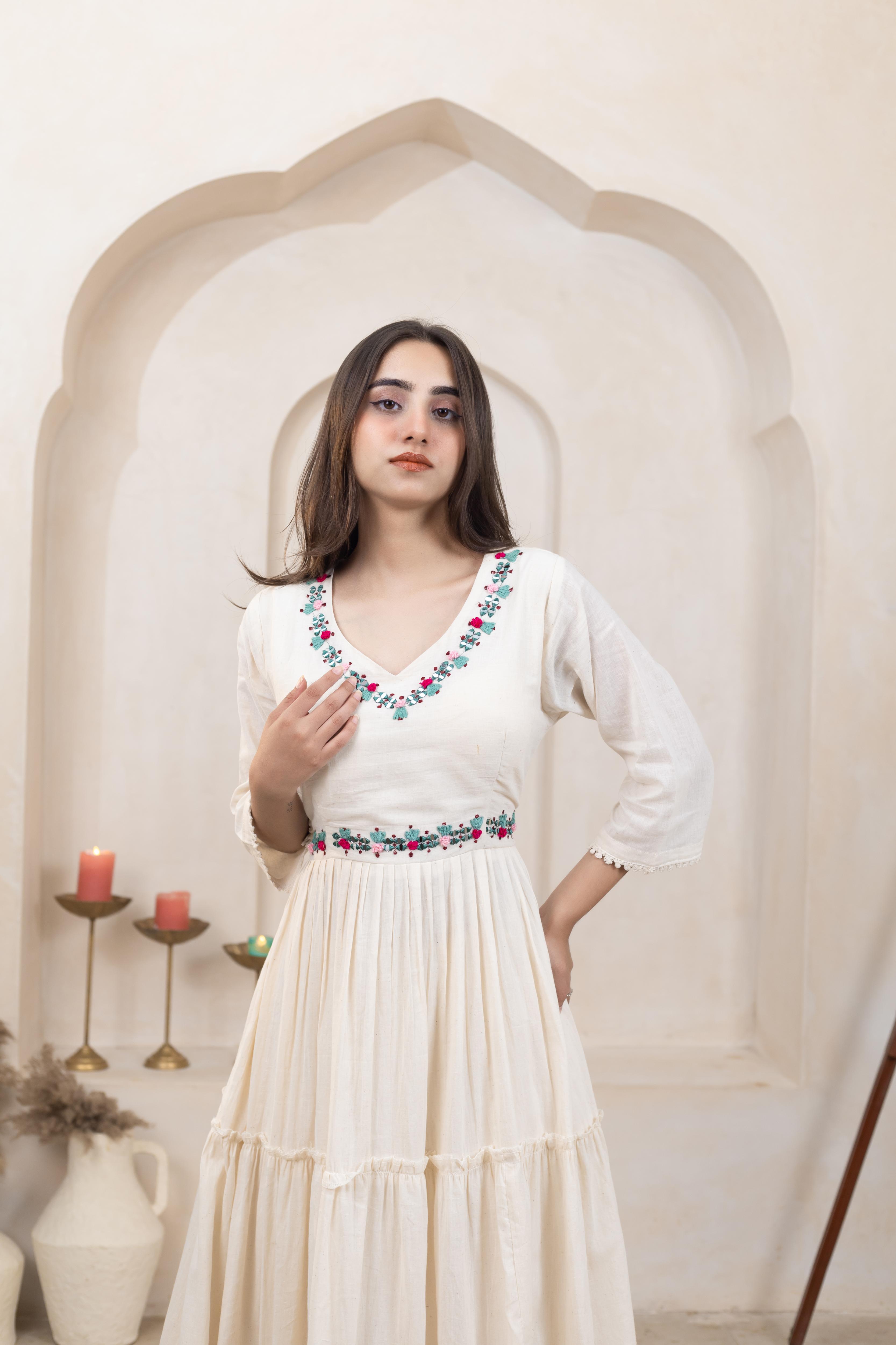 Beige Beauty Khadi Cotton Long Dress - Artyaah
