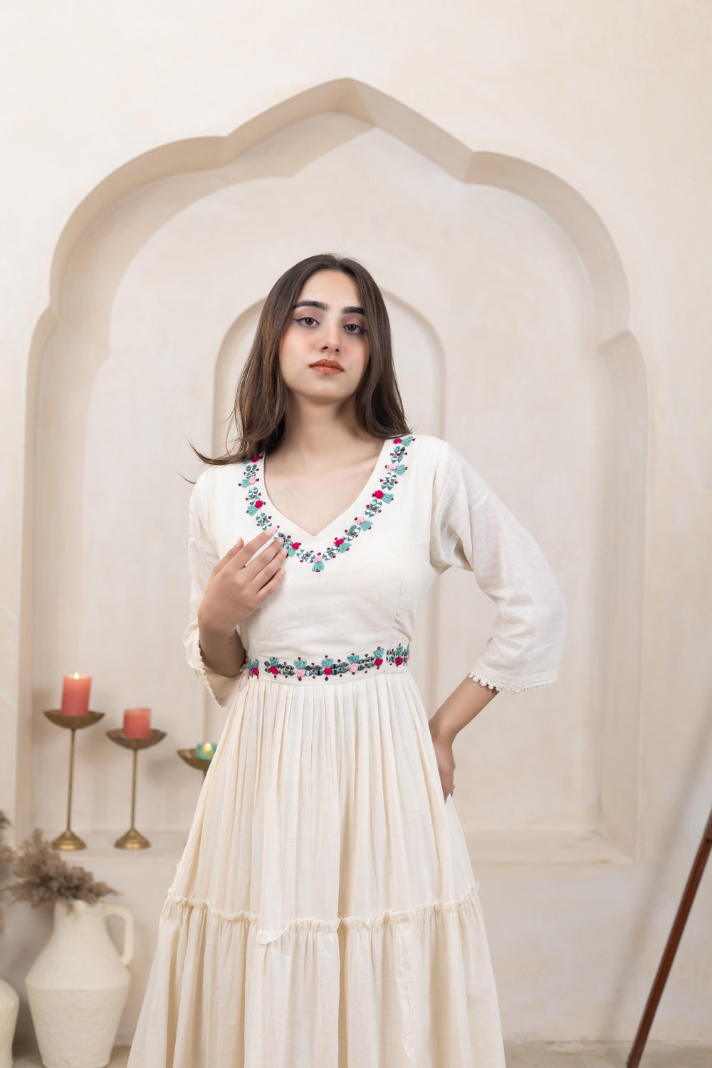 Beige Beauty Khadi Cotton Long Dress - Artyaah