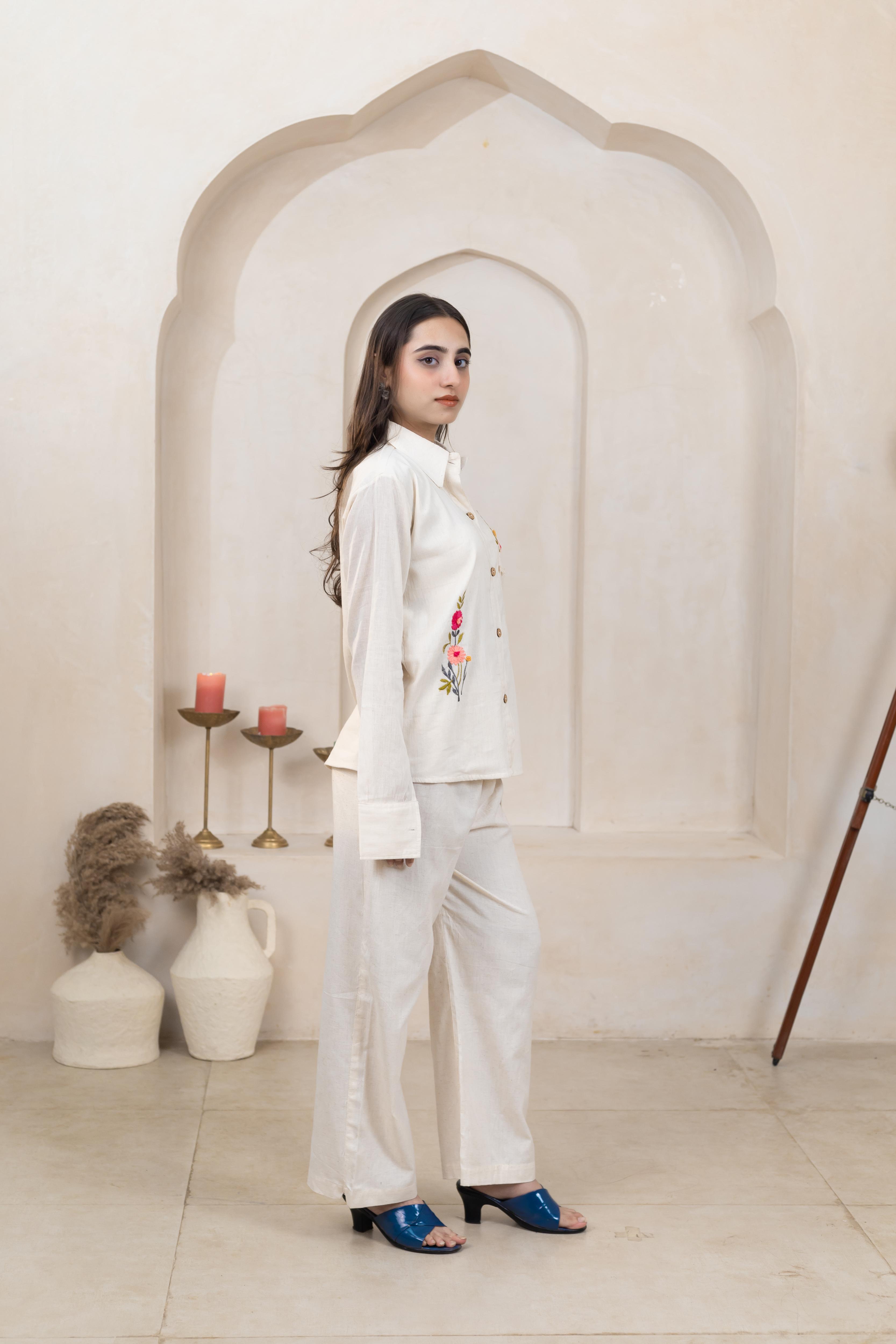 Hand Embroidered Beige Shirt - Artyaah