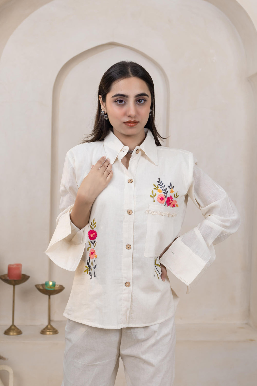 Hand Embroidered Beige Shirt - Artyaah