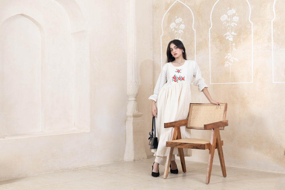 Stylish Beige Long Dress - Artyaah