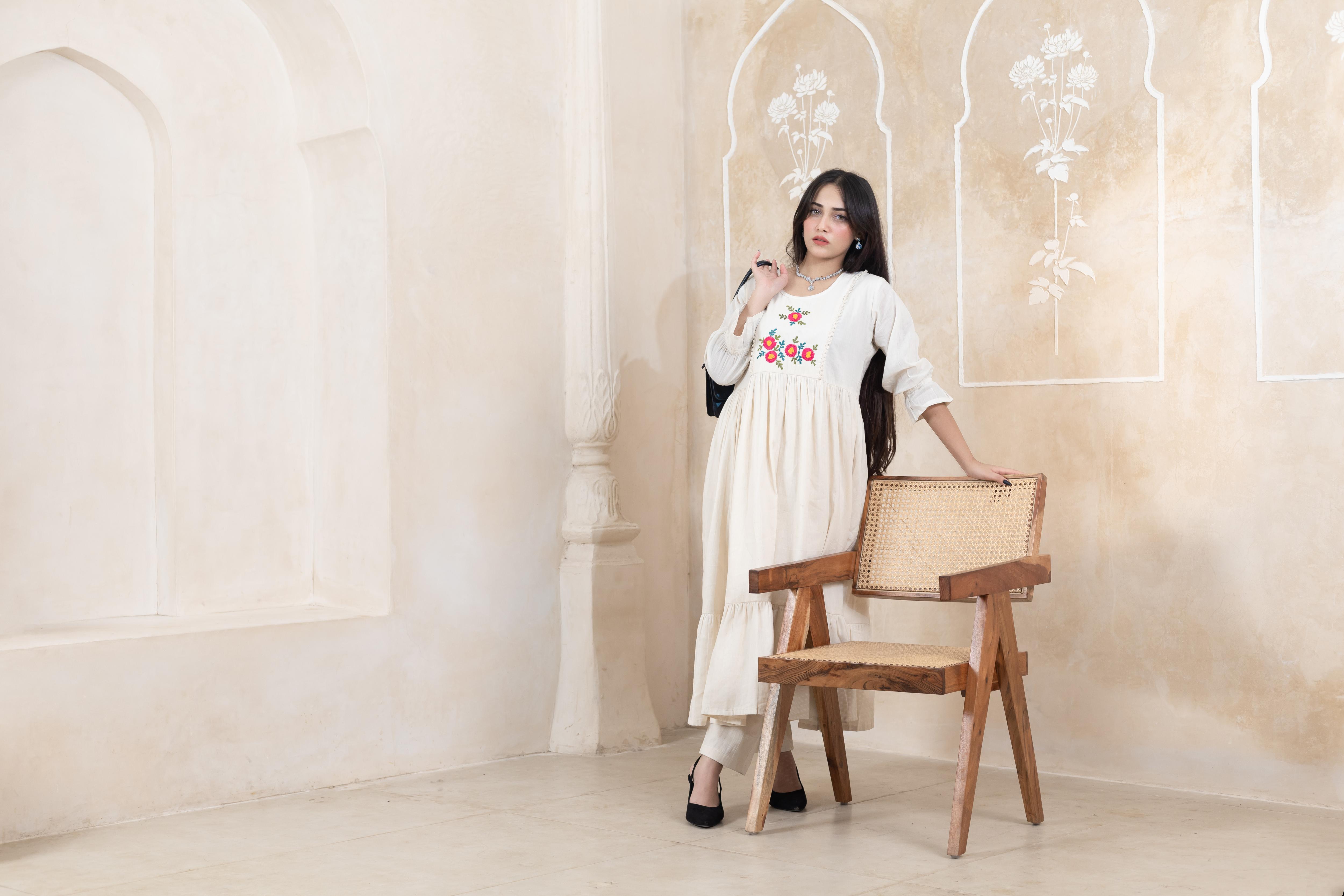 Stylish Beige Long Dress - Artyaah