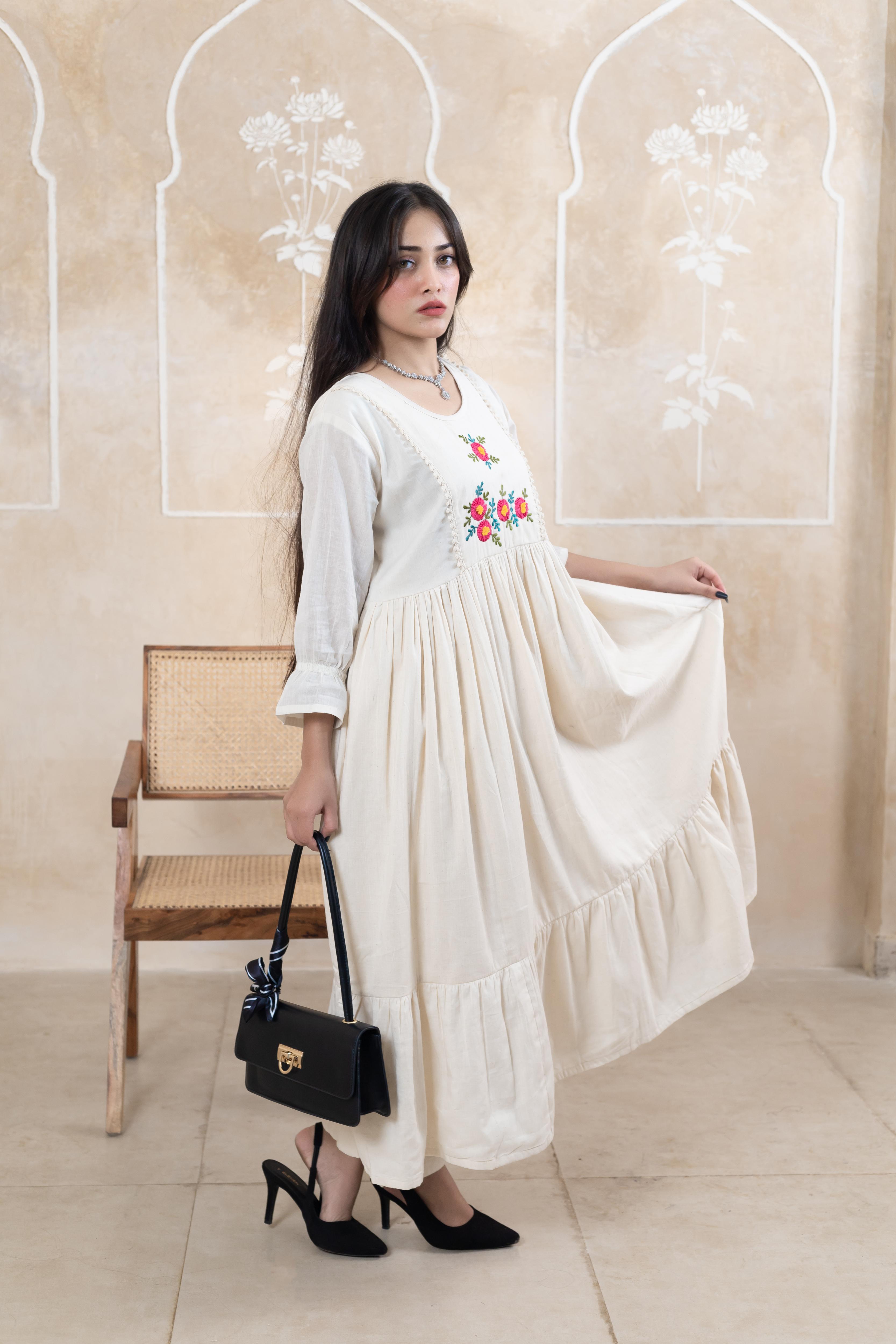 Stylish Beige Long Dress - Artyaah