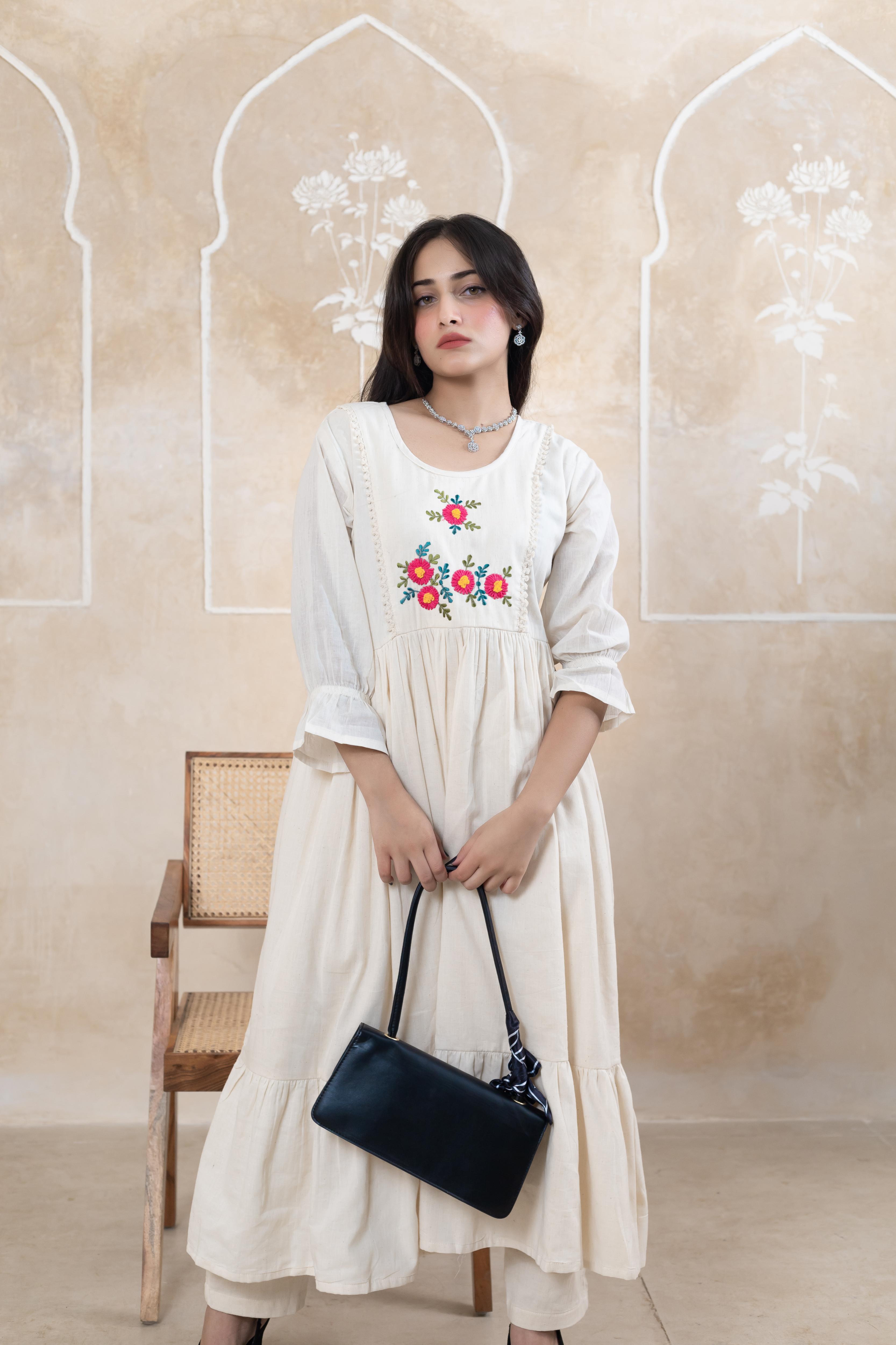 Stylish Beige Long Dress - Artyaah