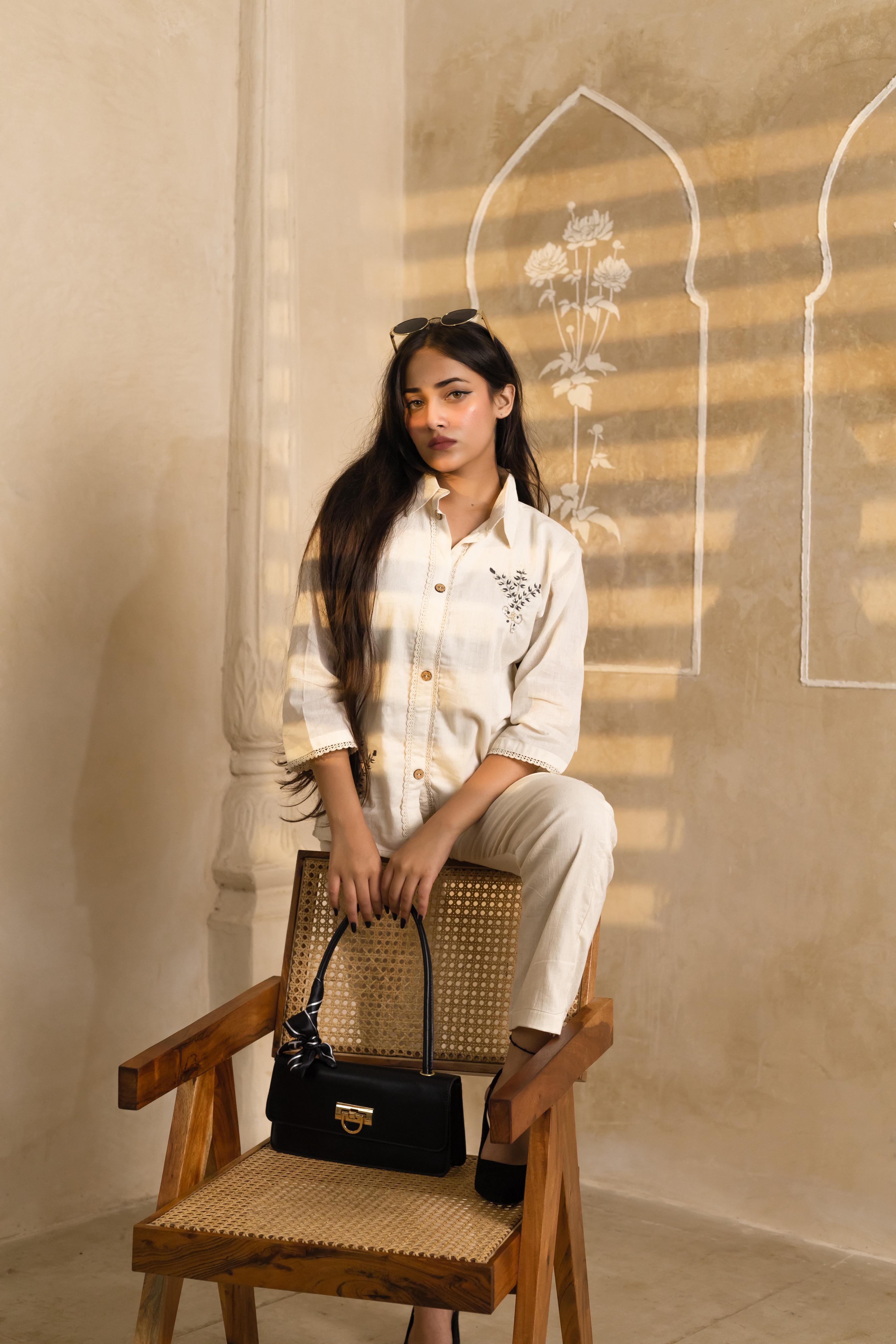 Beige Charm Hand Embroidered Shirt - Artyaah