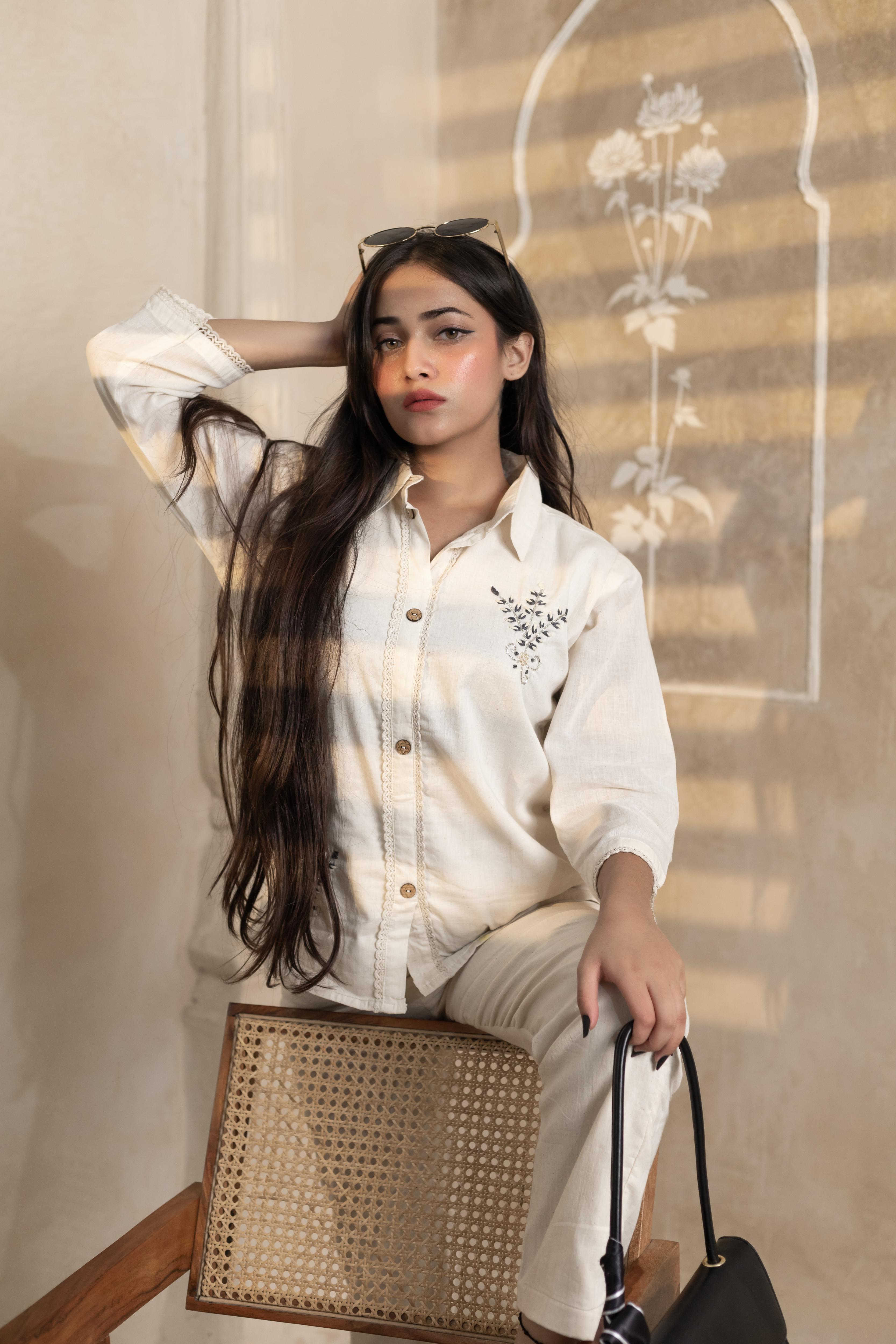 Beige Charm Hand Embroidered Shirt - Artyaah