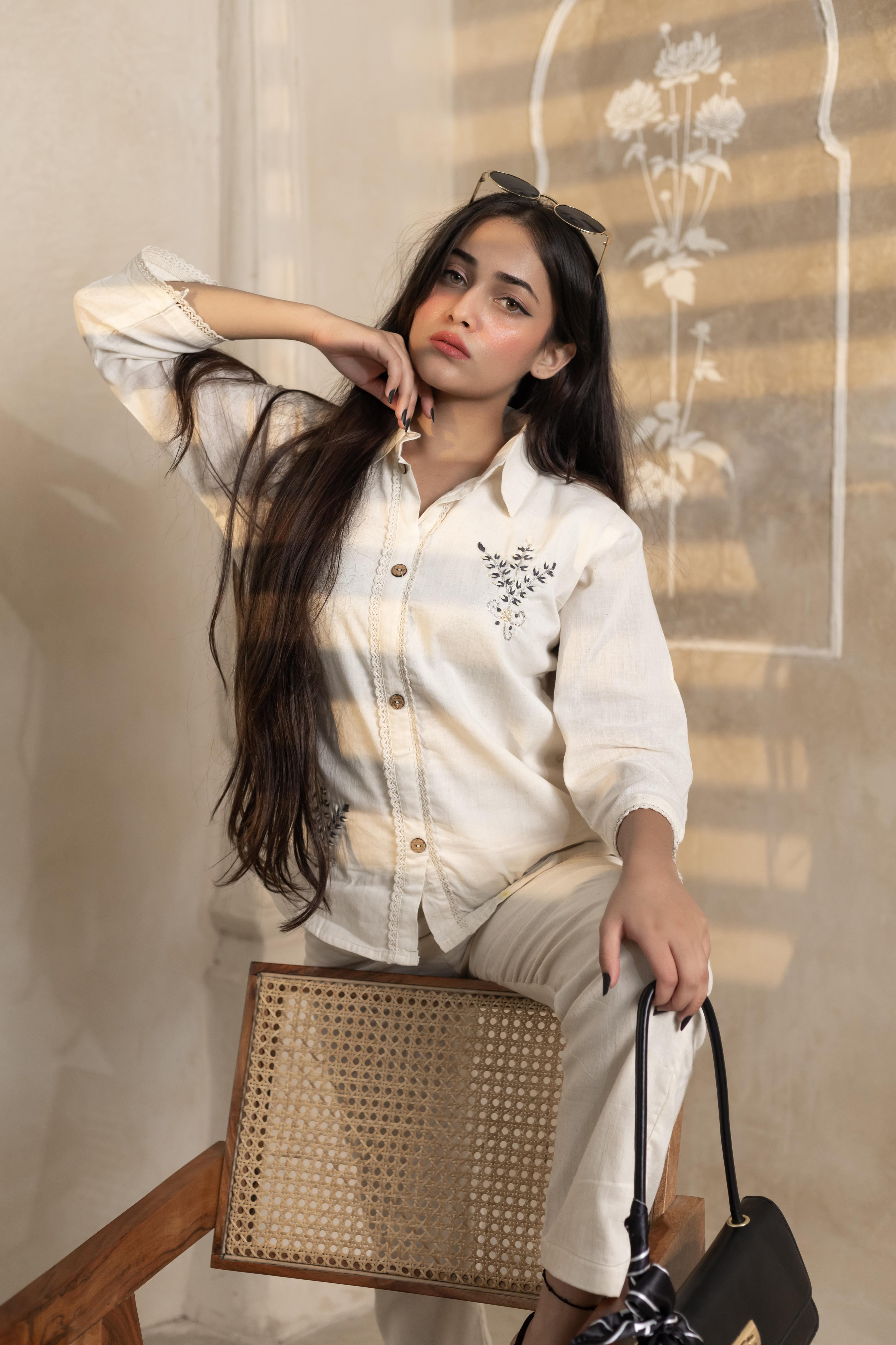 Beige Charm Hand Embroidered Shirt - Artyaah