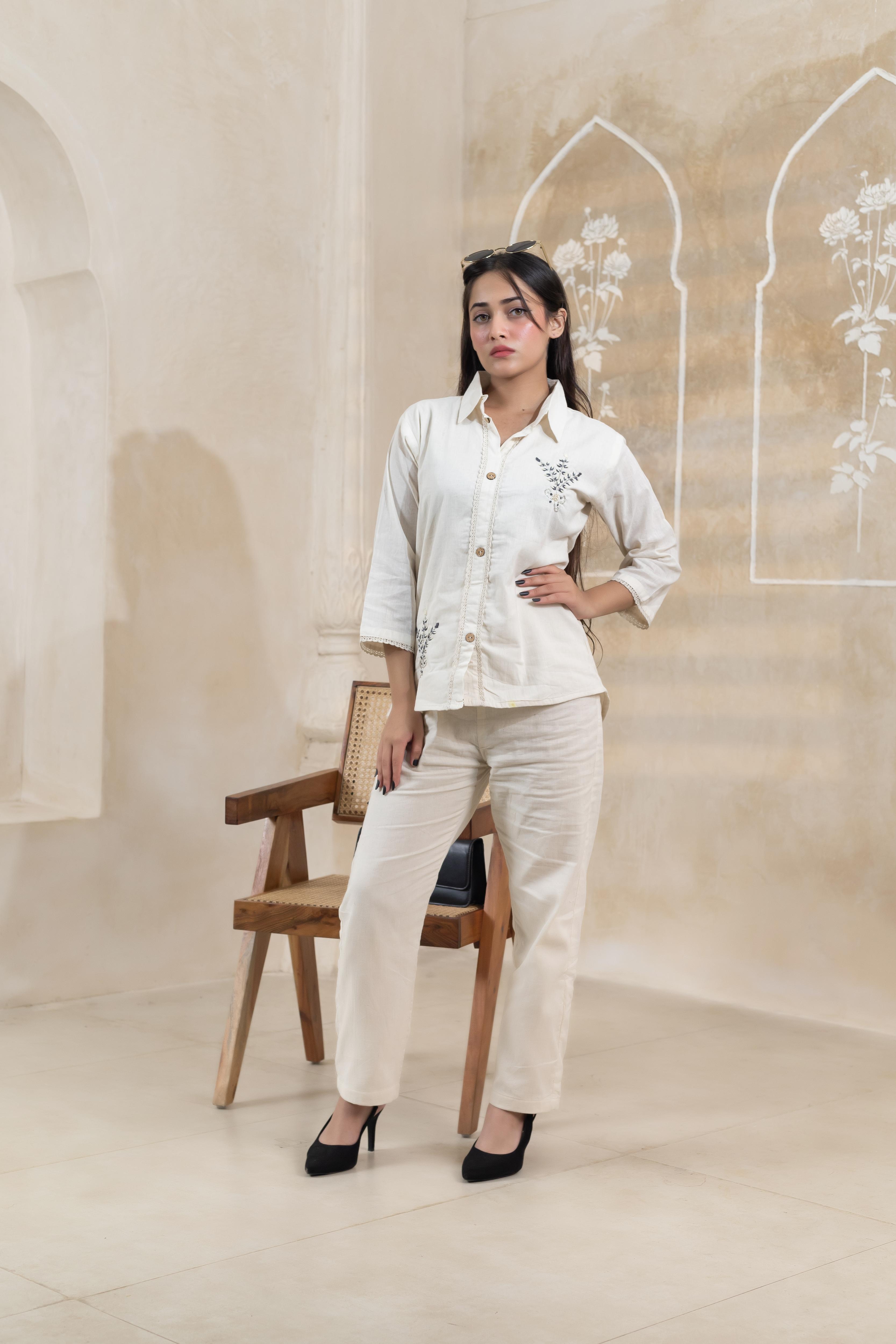 Beige Charm Hand Embroidered Shirt - Artyaah