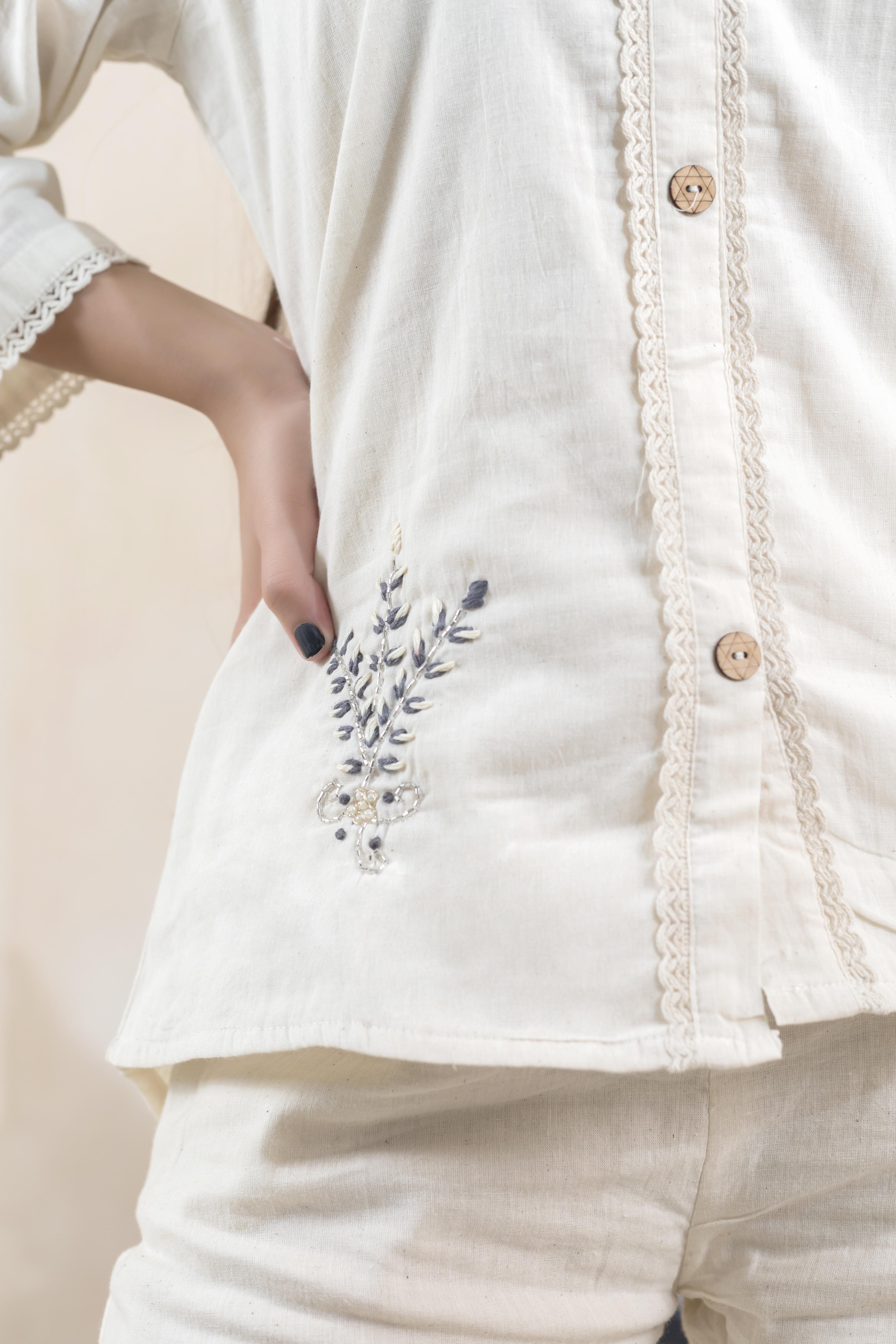 Beige Charm Hand Embroidered Shirt - Artyaah
