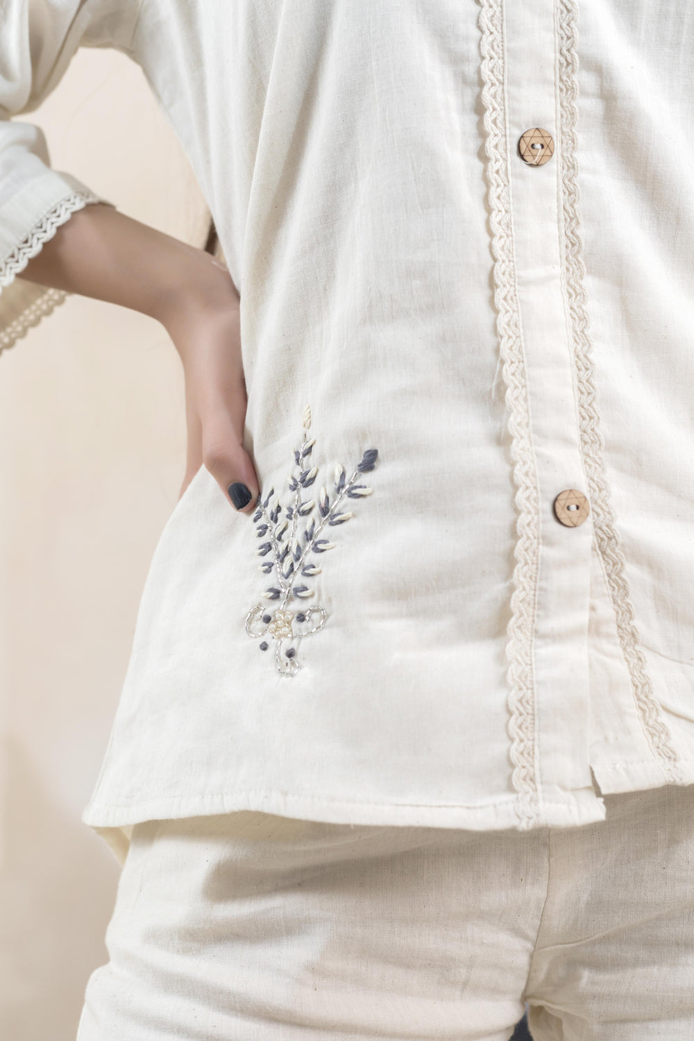 Beige Charm Hand Embroidered Shirt - Artyaah