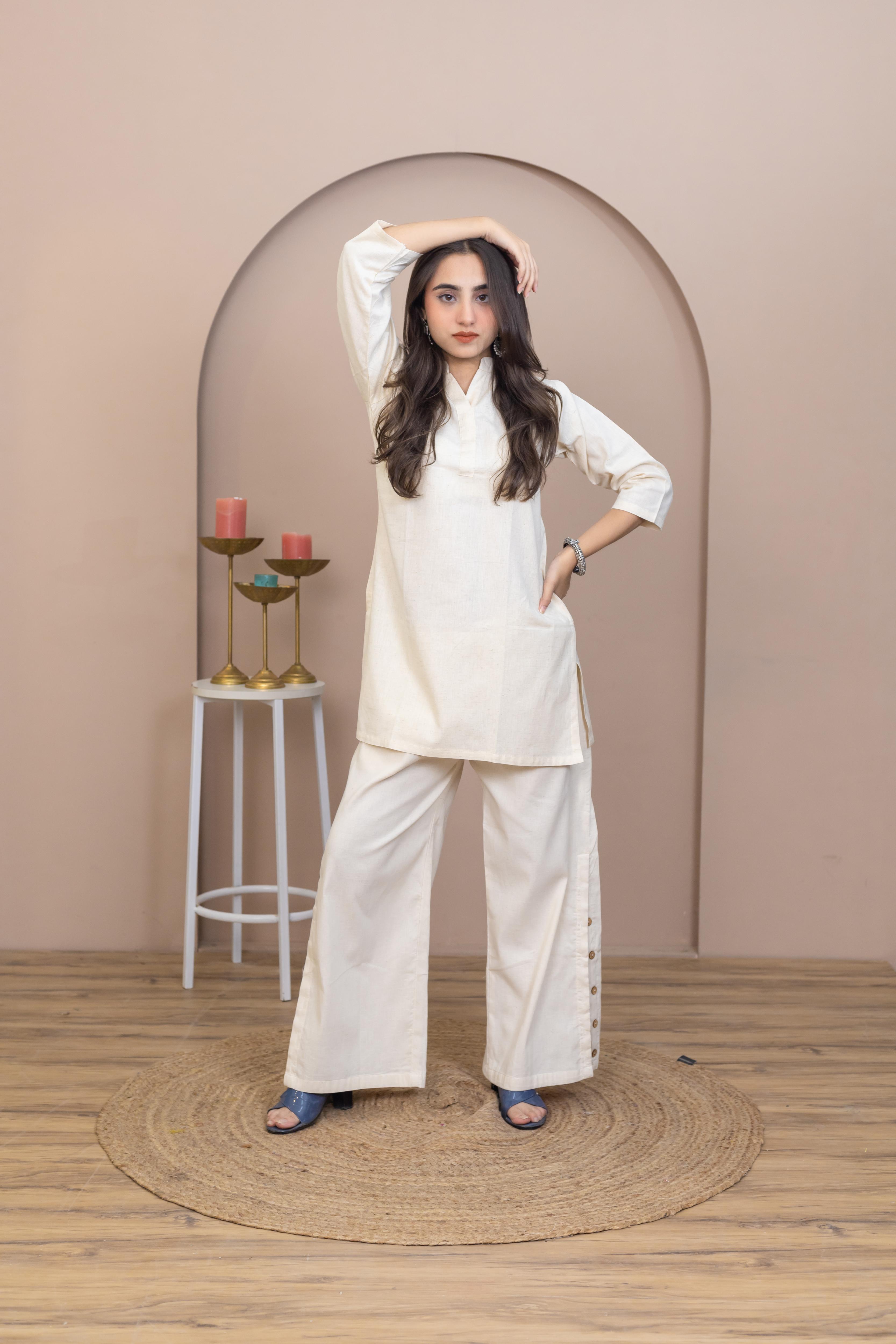 Hand Embroidered Beige Kurti - Artyaah