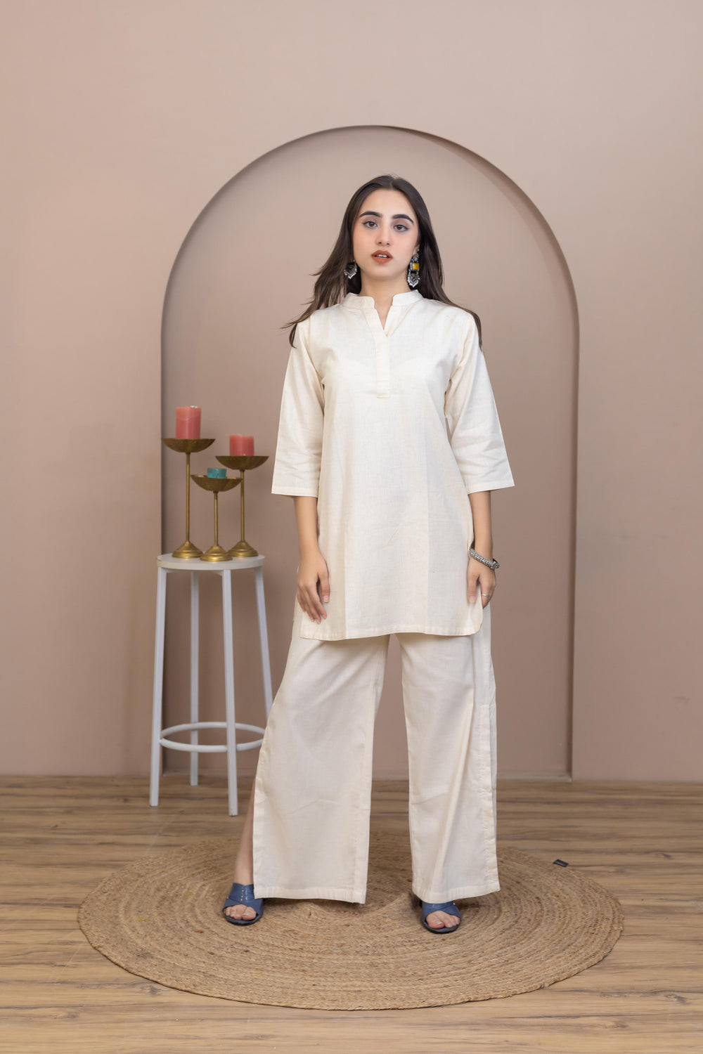 Hand Embroidered Beige Kurti - Artyaah