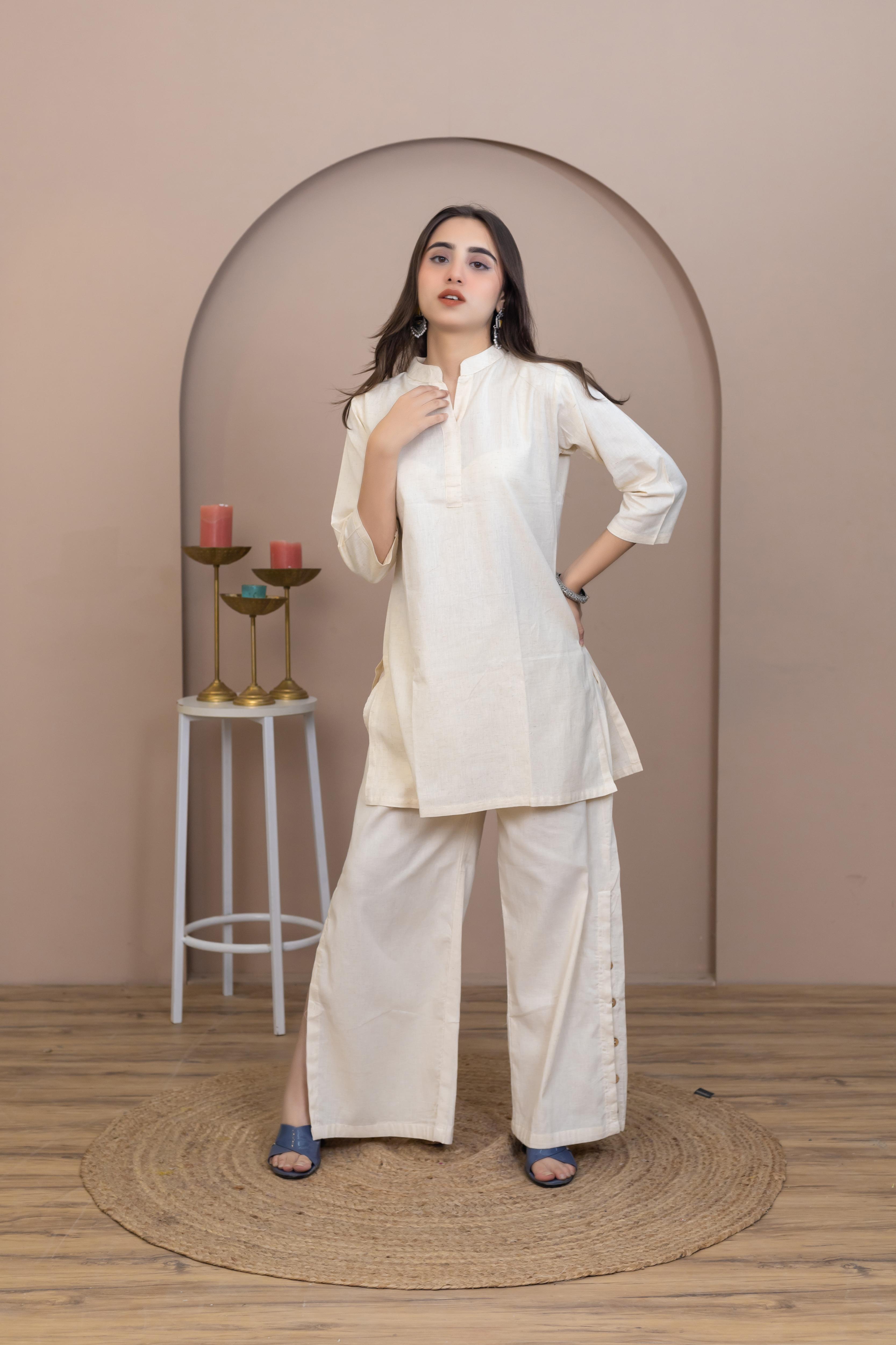 Hand Embroidered Beige Kurti - Artyaah