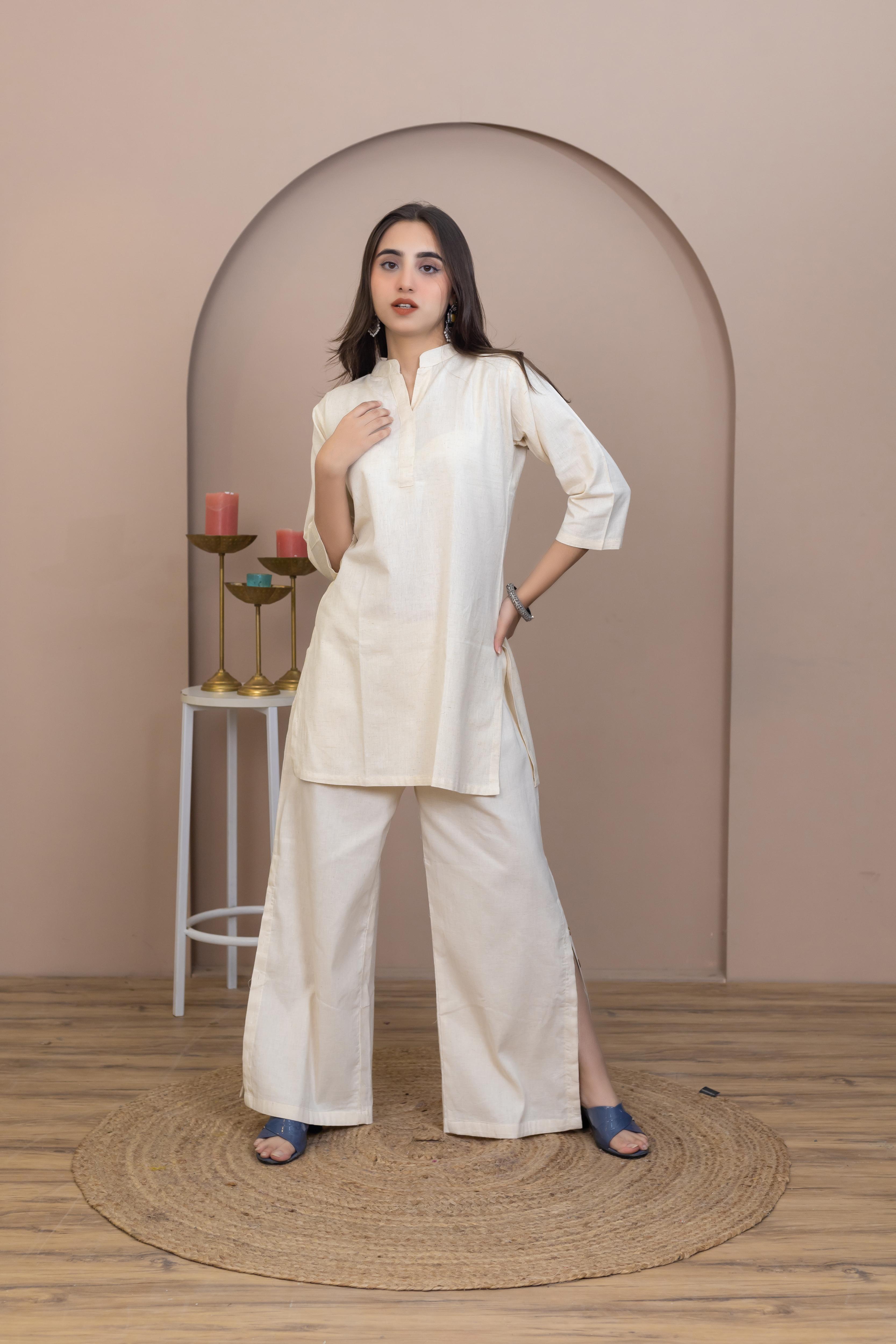 Hand Embroidered Beige Kurti - Artyaah