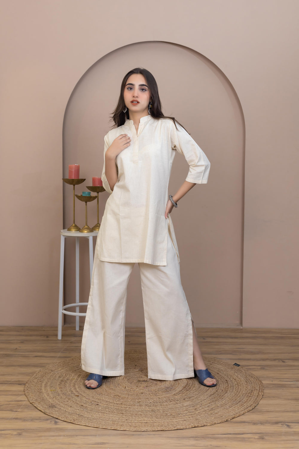 Hand Embroidered Beige Kurti - Artyaah