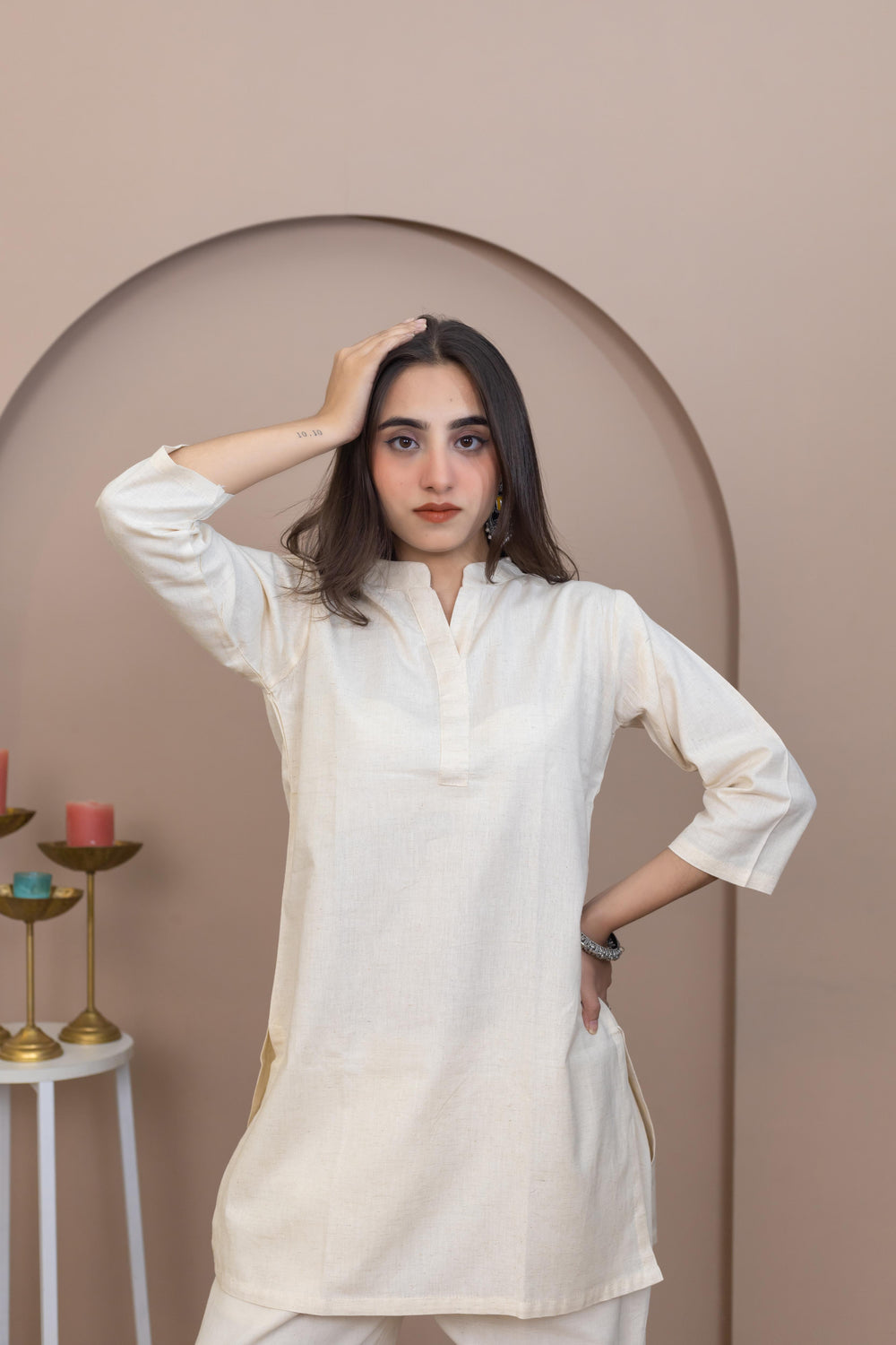 Hand Embroidered Beige Kurti - Artyaah